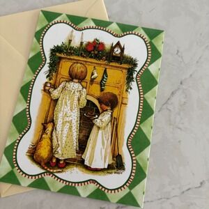 Holly Hobbie Christmas Fireplace Children & Cat American Greeting Card Plus Mark